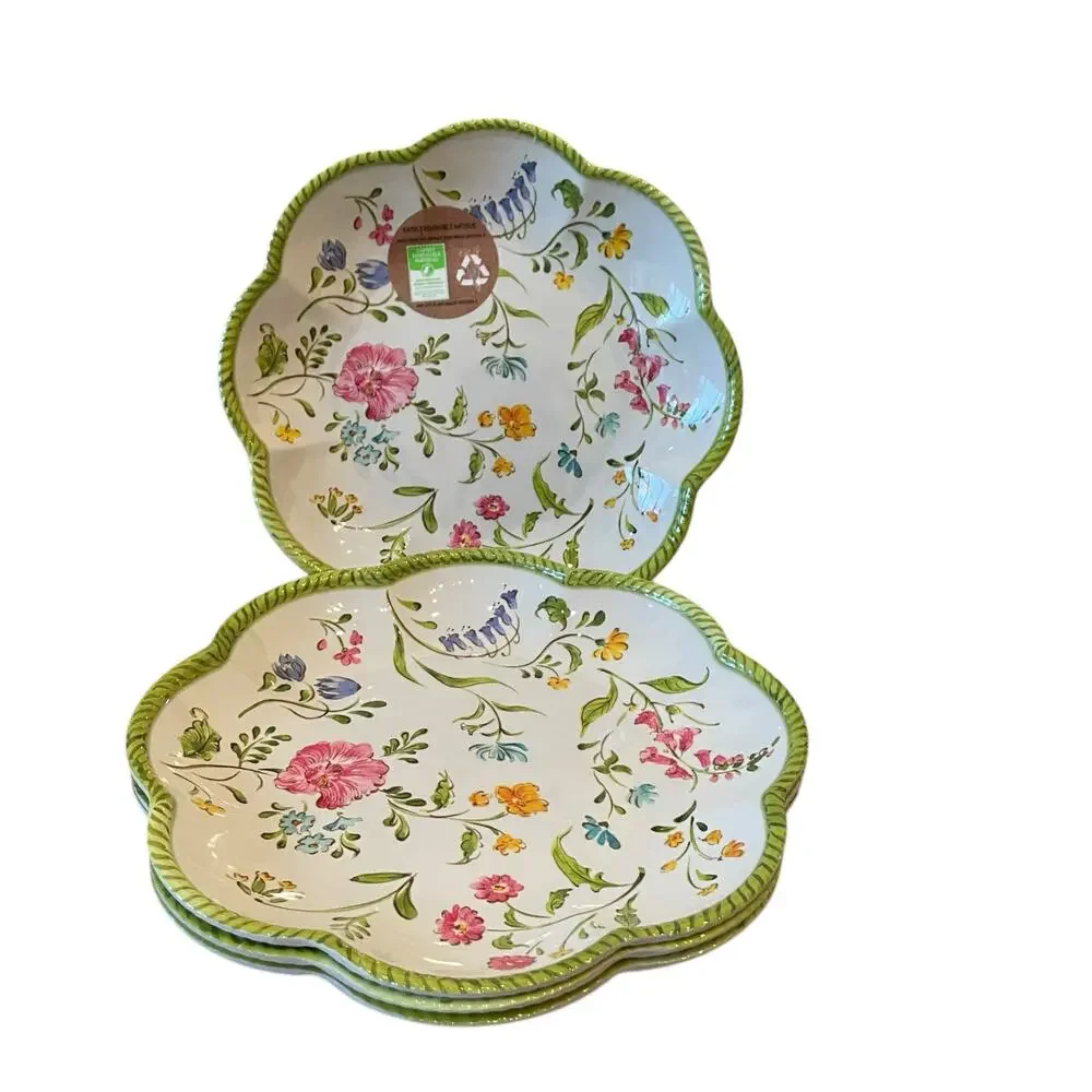 NEW Shabby Chic Floral Melamine Salad Plates 9in Set of 4 Scalloped Green Border
